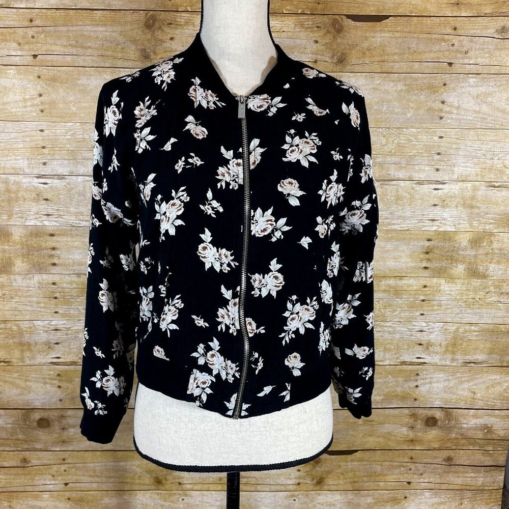Sanctuary Floral Bomber Jacket S Black and Cream Roses Lightweight